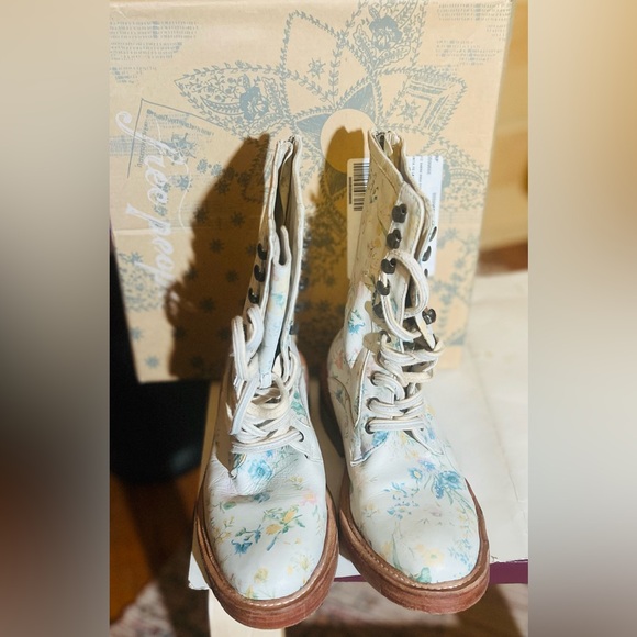Free People Leather  Floral Lace-Up Boots - Cream and Blue - Picture 2 of 8